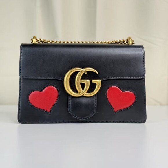 Gucci Handbags - Gucci Black Leather Heart Marmont Shoulder Bag with Red Heart